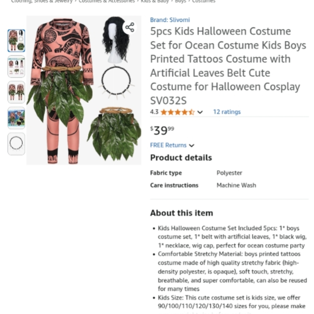 Kids Halloween Costume Set with Printed Tattoos and Leaves